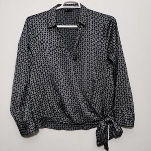 Halogen Monochrome Patterned Wrap Blouse Women's XL Office Career Long Sleeve